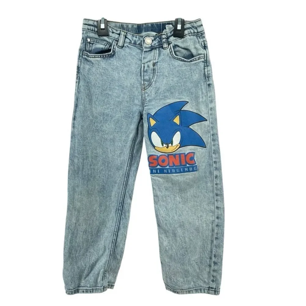 H&M Kid’s Light Blue Sonic The Hedgehog Loose Fit Straight Leg Denim Jeans Sz 6